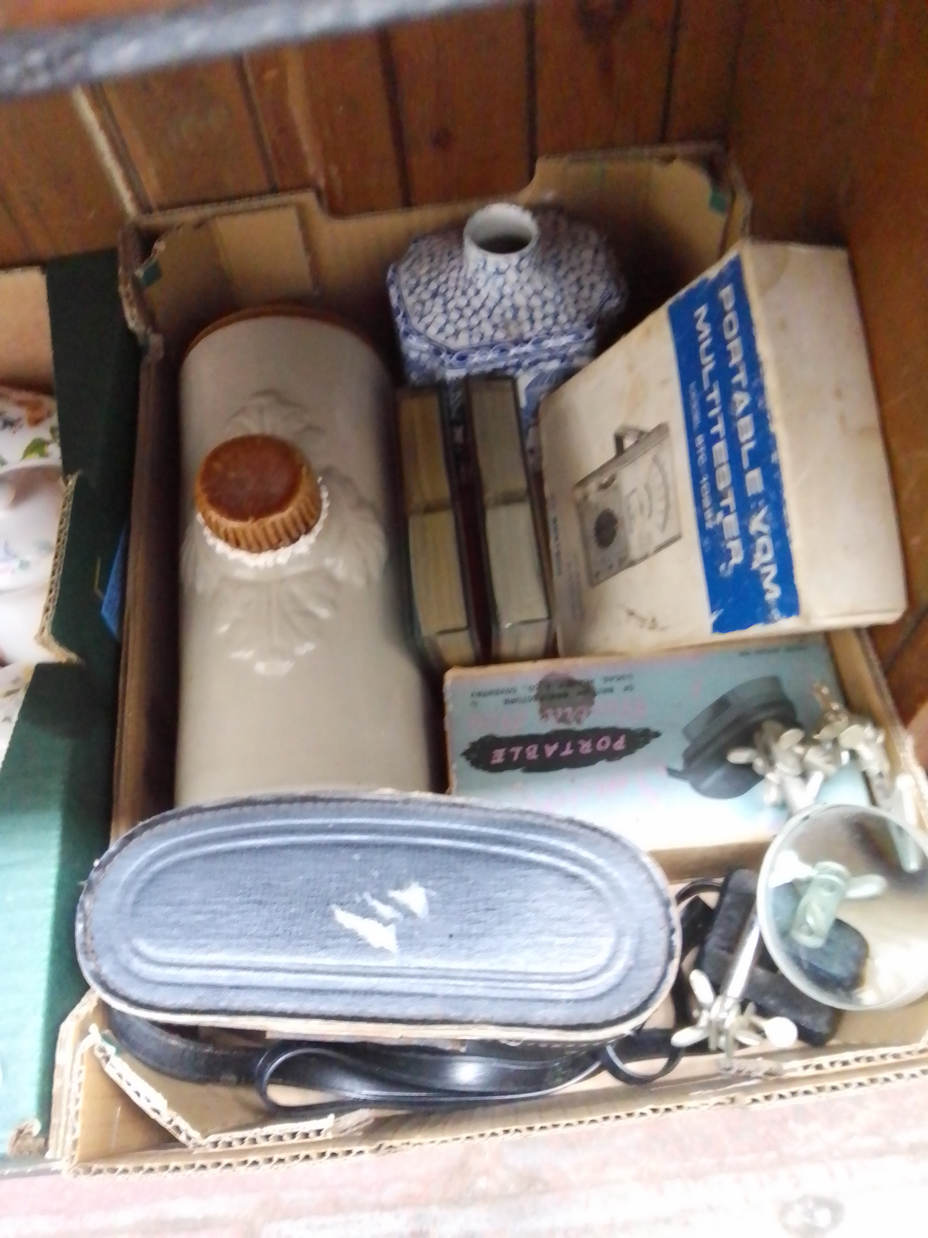 Portable multi-tester, binoculars, vintage travel iron etc.