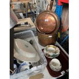 A box of assorted pottery etc. together with a copper and brass coal bucket and a bed warming pan.