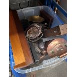 A box of metalware to include silver plated, canteen of cutlery, brass, metal weighing scales with