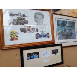 Three sporting related framed pictures; two F1 and one football.