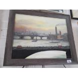 Steven Scholes (b1952), 'Blackfriars Bridge with Waterloo Bridge London 1962', oil on canvas, 49cm x