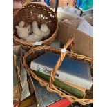 A wicker basket and a wicker trough containing 2 vintage bears, a French book on embroideries /