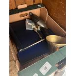 A mixed lot including a hip flask, a brass bell, two stamp albums etc.