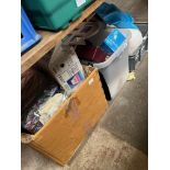 Three boxes of mixed items including jewellery box, camping gaz stove, photo frames, foot pumps,