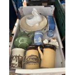 A box of ceramics to include Sylvac, Poole, Jasperware, etc.