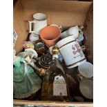 A box of ceramics to include a Coalport figurine, parian ware bust of Wordsworth etc