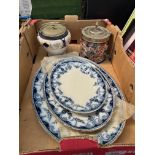 A box of ceramics comprising three Victorian platters by T R & Co and two biscuit barrels, one