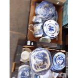 Two boxes of blue and white pottery