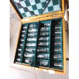 Unusual ‘shot glass’ chess set with board - in wooden case with key