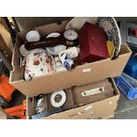 3 boxes of ceramics to include part tea service, various plates, some glass, barometers, etc.