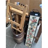 A wooden umbrella/stick stand and a folding artist's easel