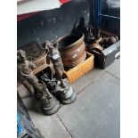 A collection of metal-ware to include copper coal bucket, fire dogs, kettle, kitchen scales, spelter