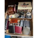 A box of various collectable items including flasks, lighters, cameras, etc.