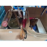 Two boxes of misc items including mobile phones, tablet, metalware, jam pan, unbrellas etc