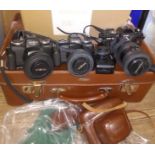 Assorted vintage cameras comprising two Minolta 110 Zoom mark IIs, a Chinon CE-5, an Olympus 35