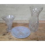 A French Art Deco opalescent pressed glass dish and two large cut glass vases, tallest 42cm.