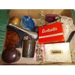 A box of assorted items including a bell metal beaker, etc., etc., etc.