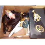 A box of assorted items including Quimper pig money bank, a Herder glass trinket box, opera glasses,