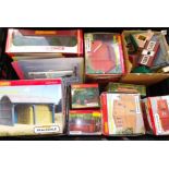 Three boxes of assorted model railway including scenery, Hornby buildings and track.