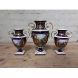 A group of three Crown Derby porcelain vases urns, tallest 30cm, as found.