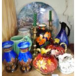 Assorted pottery including a pair of Crescent Line jugs, a pair of Chameleon ware vases, Royal