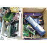 A box of model railway including a Bachmann tank engine 80097, several Bachmann rolling stock, an