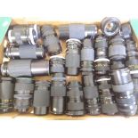 A box of approx. 26 camera lenses, various manufacturers including Canon, Tamron, Hanimex etc.