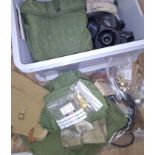 A box of assorted militaria comprising S10 respirator, S6 respirator, field dressing, army officer's