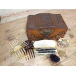 An eastern carved box and contents including hair combs, a Conway Stewart pen and pencil set, a