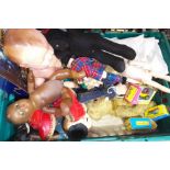 A box of assorted toys and dolls including boxed Matchbox vehicles etc.