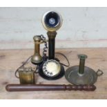 A mixed lot of collectables comprising vintage brass and bakelite telephone by Astral Telecom, a