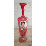 A 19th century Bohemian ruby glass vase, portrait panel depicting a young lady, gilt decoration,