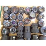 A box of approx. 27 camera lenses, various manufacturers including Canon, Fuji, Tamron etc. all as