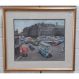 S Cooper (British, 20th century), Northern street scene with buses, acrylic on paper, 41cm x 34cm,