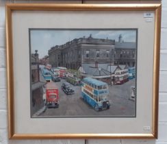 S Cooper (British, 20th century), Northern street scene with buses, acrylic on paper, 41cm x 34cm,