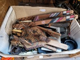 A box of mixed collectables including metalware, treen, silver plate, etc.