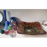 Art glass - 10 items including Murano laticcino dish, Alum Bay iridescent vase etc.