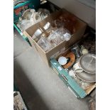 3 boxes of mixed pottery and glass including decanters
