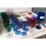 Coloured drinking glasses including boxed set of 6 brandies and set of 6 blue glasses with twist