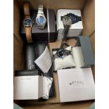 A box of assorted modern watches including Rotary.