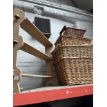 4 wicker baskets, various sixes, and a wall mounted wooden display stand