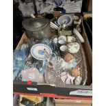 A box of ornaments etc including Wedgwood jasper ware, cutlery, pewter tea caddy, glass ware and a