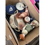 A box of ceramics including Adams jasperware, Carlton Ware cruet set, glass bowl, figurine etc