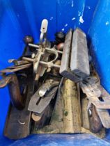 A box of planes including Record, Stanley, etc, six in total together with an oil stone sharpener.