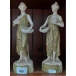 Pair of Royal Dux figures - both girl holding posy basket and bunch of flowers, height appx 26cm,