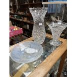 A French Art Deco opalescent pressed glass dish and two large cut glass vases, tallest 42cm.
