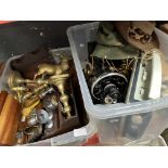 Two boxes of assorted items including brass ware, desk treen, Australian hats, Bush radio, vintage
