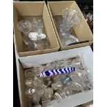 Three boxes of glassware to include drinking glasses, vases, bowl, glass rolling pin etc