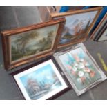 Four original oil paintings; a still life of flowers signed 'S Leigh', landscape scene signed 'R