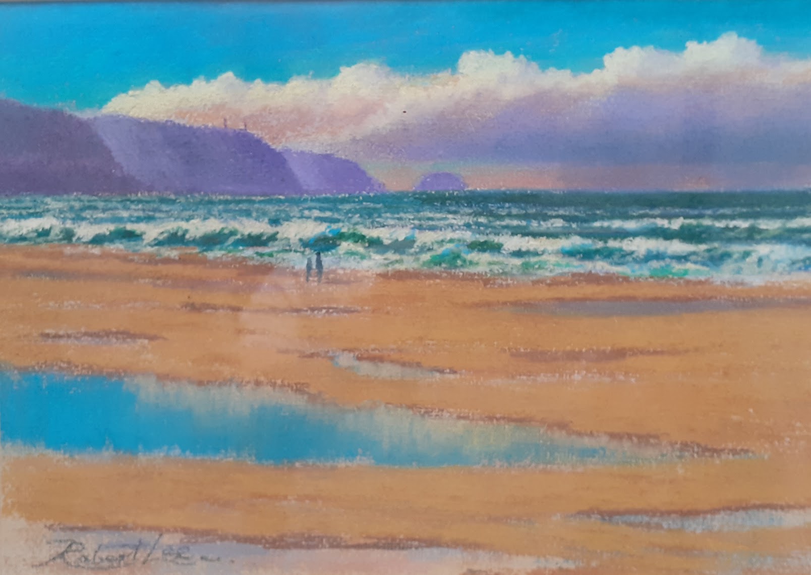 Robert Lee (British 20th/21st century), three pastels, beach scene, river scene and a mountain - Image 2 of 4